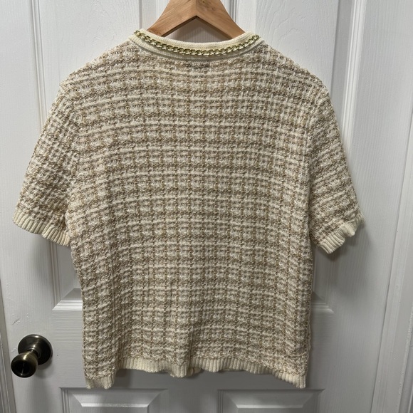 Talbots Ivory Metallic Jacquard Chain Trim Knit Short Sleeve Cardigan, Large - Picture 4 of 9